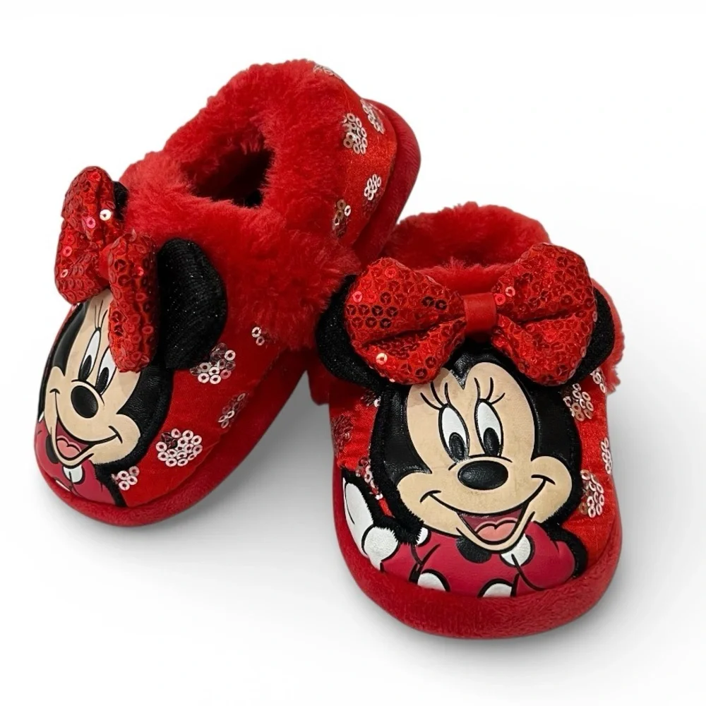 Disney Minnie Mouse Red Plush Sequin Slippers Size 5-6